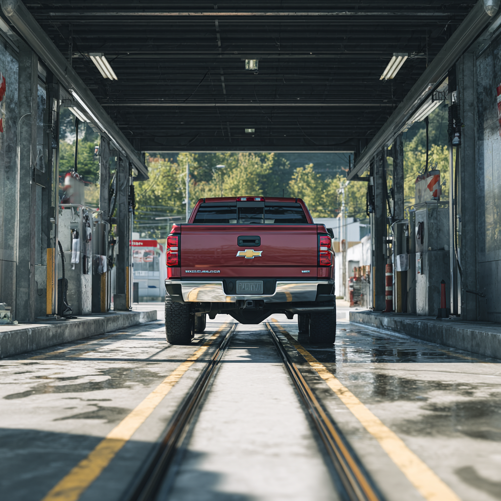 Pickup aligned in wash bay